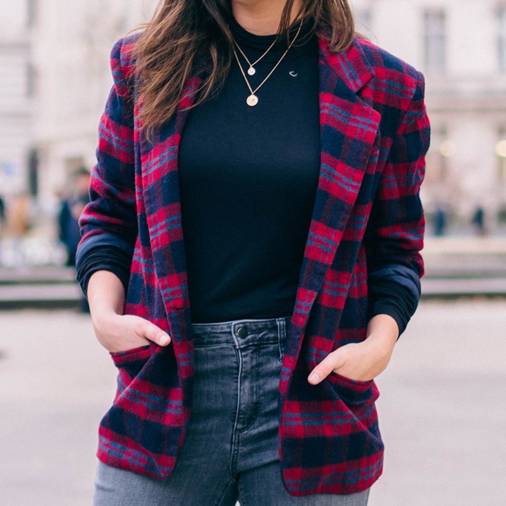 Wool Blend Plaid Blazer - Navy/Red